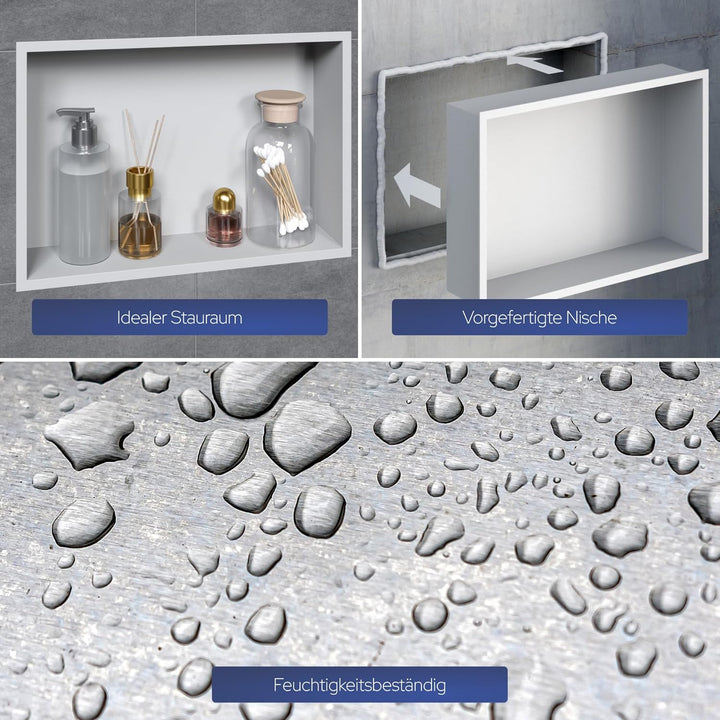 VILSTEIN Wandnische Dusche 30x90 cm [ROSTFREI] - Randlose Nische - Wandnische Weiss - Einbauregal fü