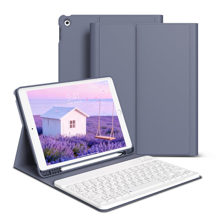 Hülle mit Tastatur für iPad 9./8./7. Generation 10,2 Zoll 2021/2020/2019, Abnehmbare kabellose Keybo