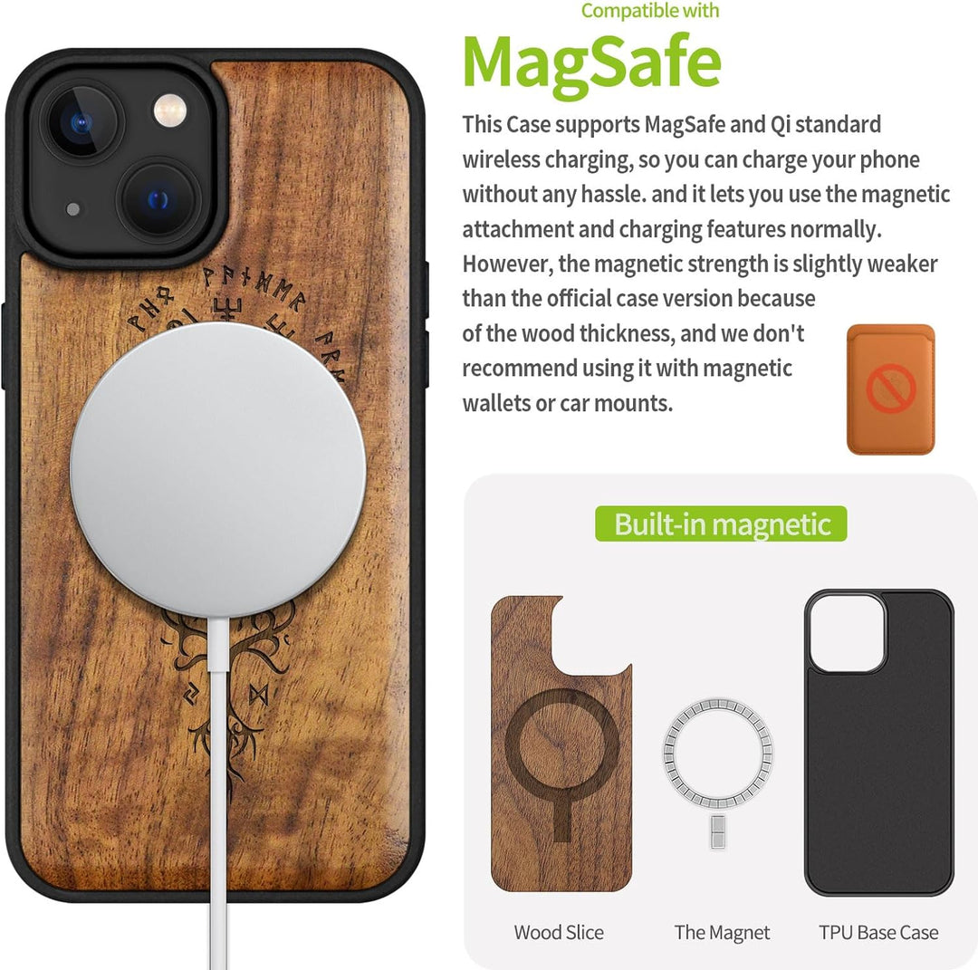 Carveit Holz Cover für iPhone 15 hülle, Kompatibel mit Magsafe Silikon Stossfeste Cover, Magnetisch