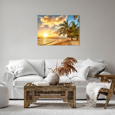 Bilder auf Leinwand Strand Meer Palme Leinwandbild mit Rahmen 70x50cm Wandbilder Dekoration Wohnzimm