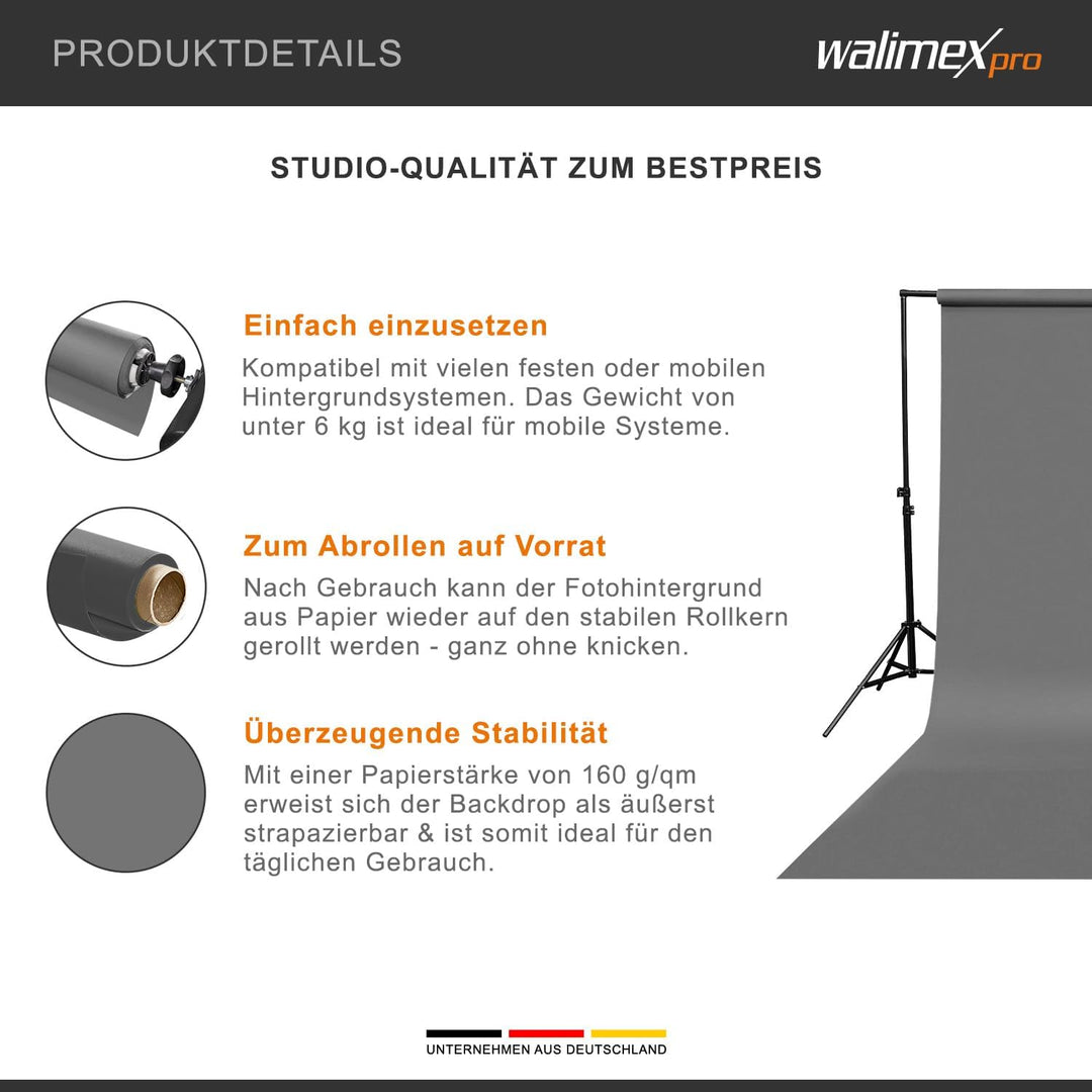 Walimex pro Hintergrundkarton 2,60 x 10 m grau, robuster Fotohintergrund aus Karton, Fotoleinwand al