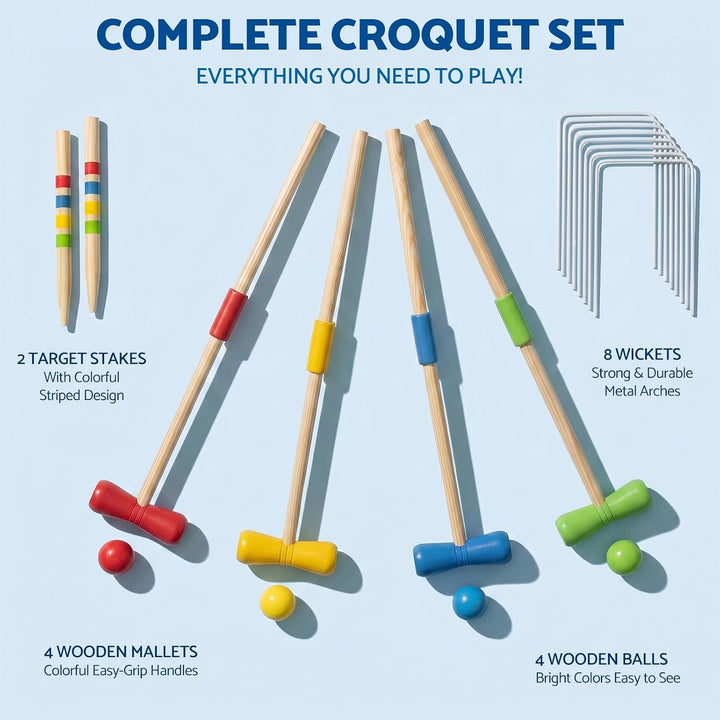 WOODENFUN Holz Krocket Set Spiel Crocket für 4 Spieler Kinder Erwachsene Aussenbereich Krocketspiel