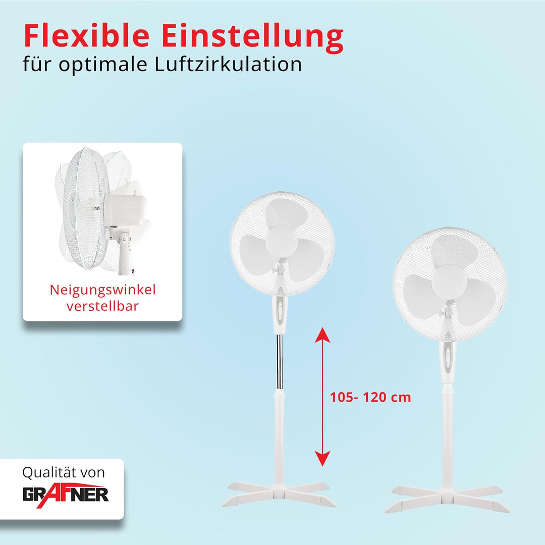 Grafner Standventilator 40 cm, 3 Geschwindigkeitsstufen, höhenverstellbar 105–120 cm, 80° Schwenkfun