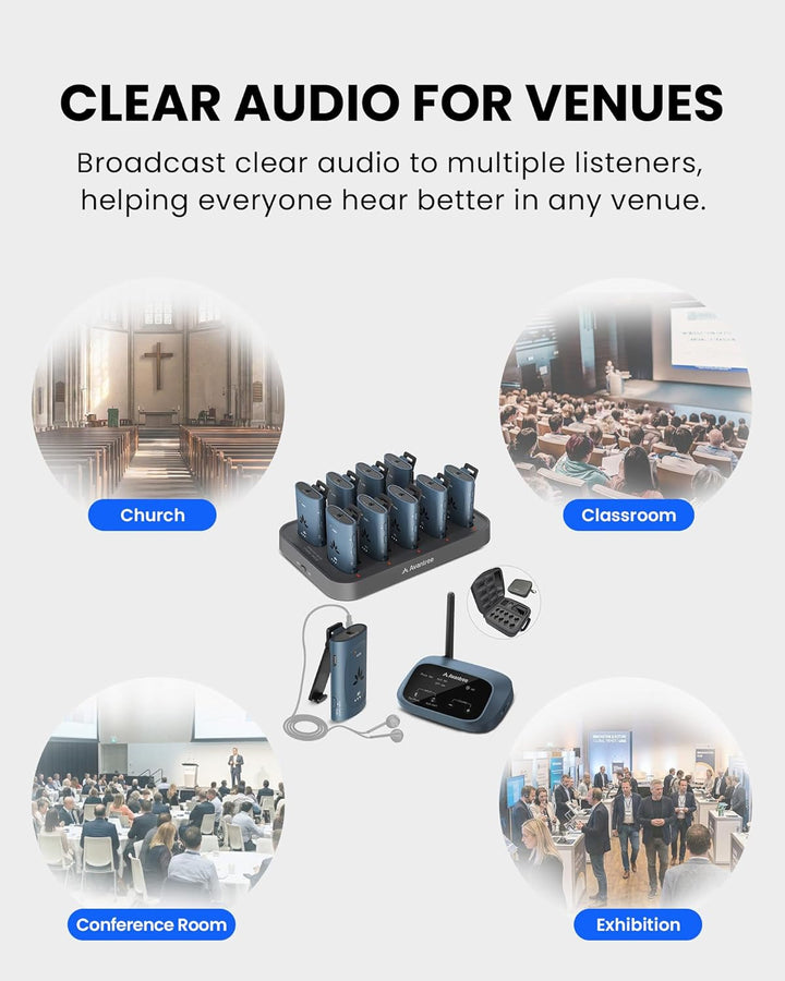 Avantree AuraPlex MX – Auracast Assistive Listening System mit 1 Sender & 10 kabellosen Empfängern,