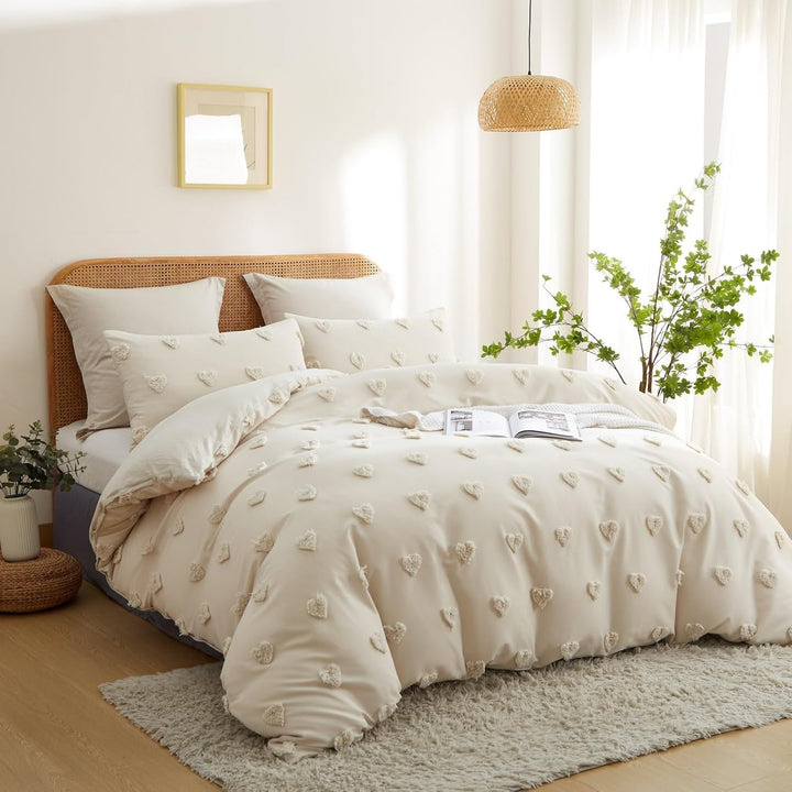 Freyamy Boho Bettwäsche 135x200cm Beige Getuftet Herz Bettwäsche-Sets Stickerei Shabby Chic Bettware