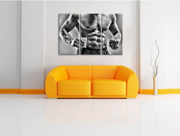 Pixxprint Trainierter Oberkörper Bodybuilder als Leinwandbild/Grösse: 3 Teilig (120x80) cm/Wandbild/
