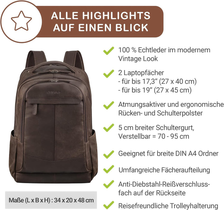 STILORD Maxim Premium XL Business Rucksack Herren Leder Vintage Lederrucksack Damen Laptop 17 bis 19