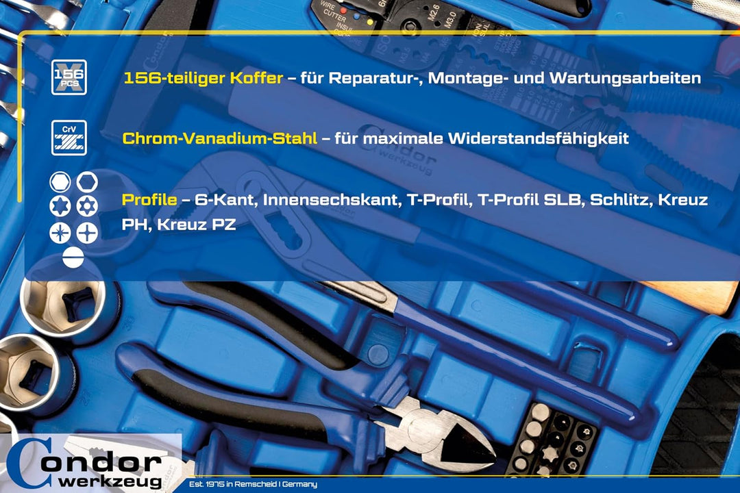 Condor Werkzeug 2156 | Werkzeugkoffer | 156-tlg. | 1/4" + 1/2" | 6-kant 4-32 mm | Werkzeugset mit St