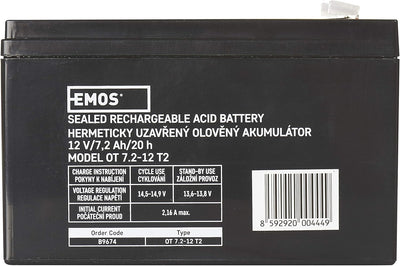 EMOS - Wartungsfreier Bleiakku - 12V 7,2Ah - AGM Batterie - Faston 6,3mm Anschluss - Für USV-Geräte,