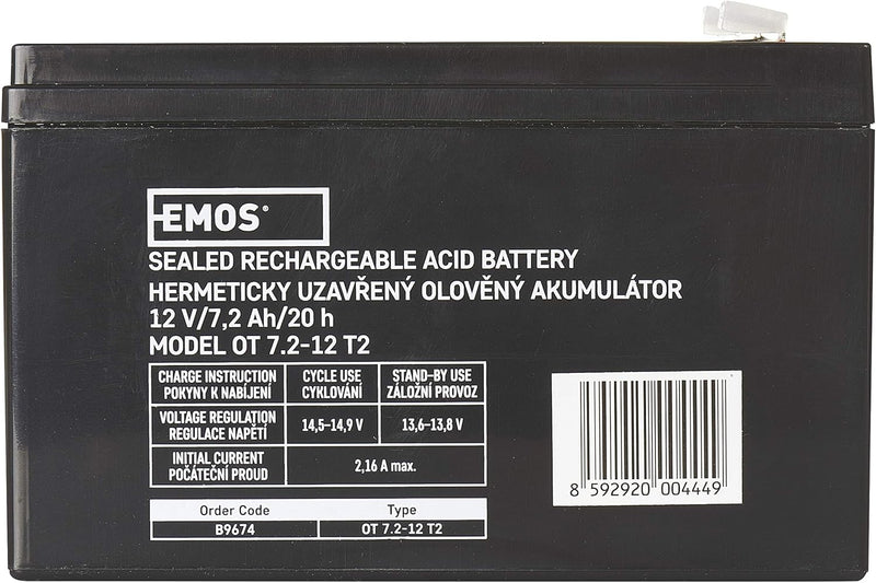 EMOS - Wartungsfreier Bleiakku - 12V 7,2Ah - AGM Batterie - Faston 6,3mm Anschluss - Für USV-Geräte,