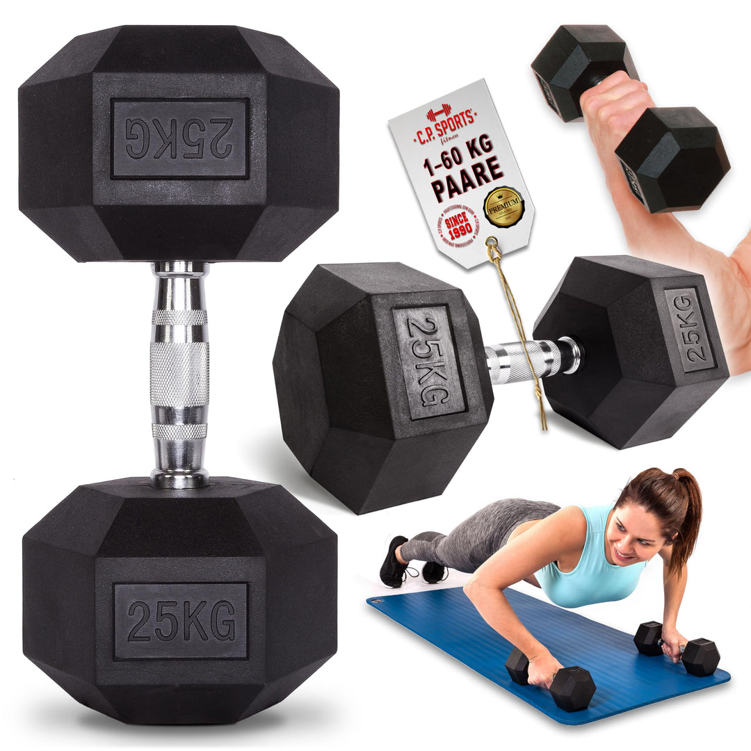 C.P. Sports Hexagon Kurzhantel gummiert 1-80 kg - mit ergonomischen Chrom-Griff, Kurzhantel, Kurzhan