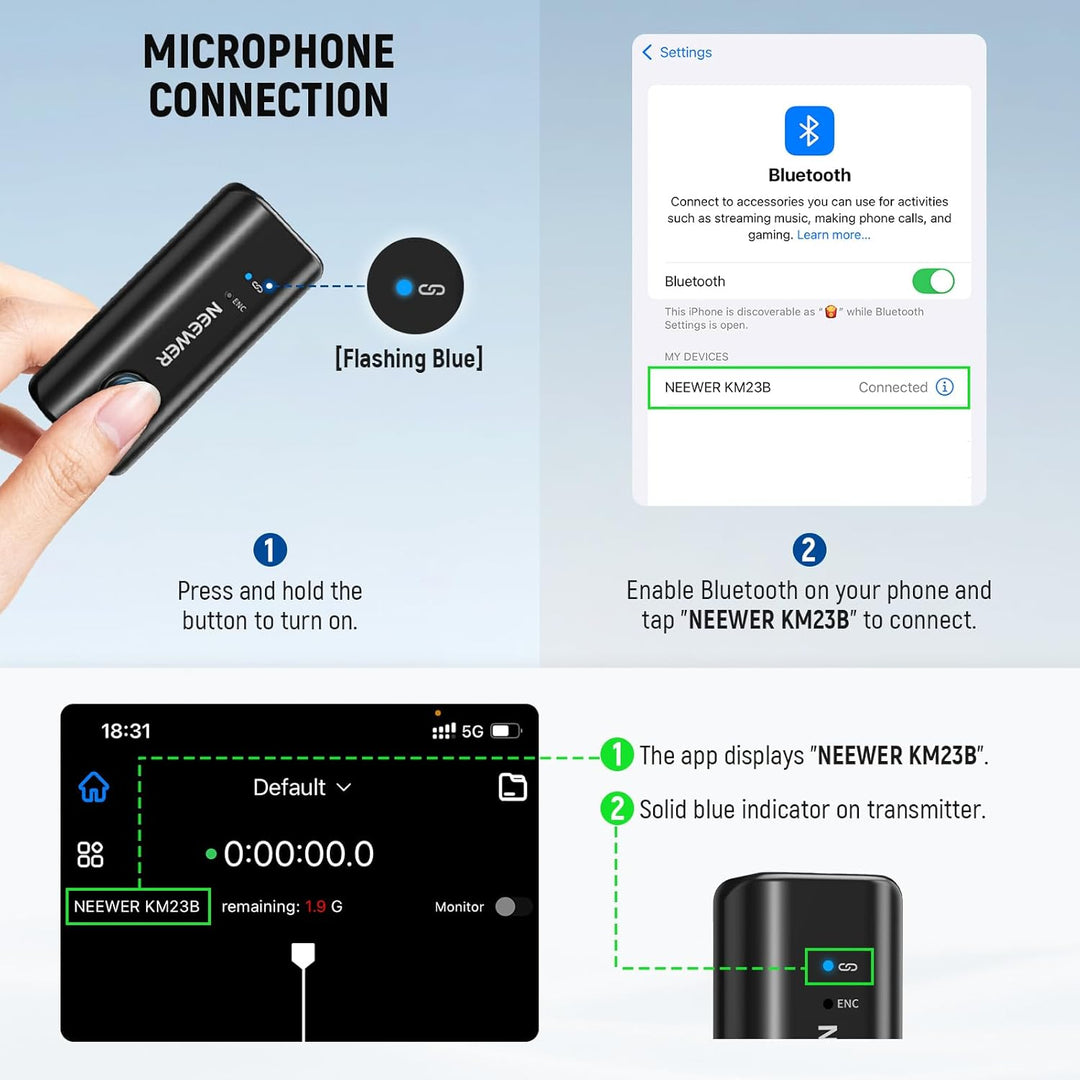 NEEWER KM23B Drahtloses Lavalier Mikrofon Bluetooth App Steuerung, kompatibel mit iPhone und Android
