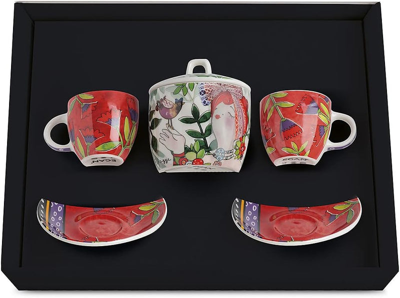 Egan Set 2 Tassen Kaffee + Zuckerdose Le Puppe Rot