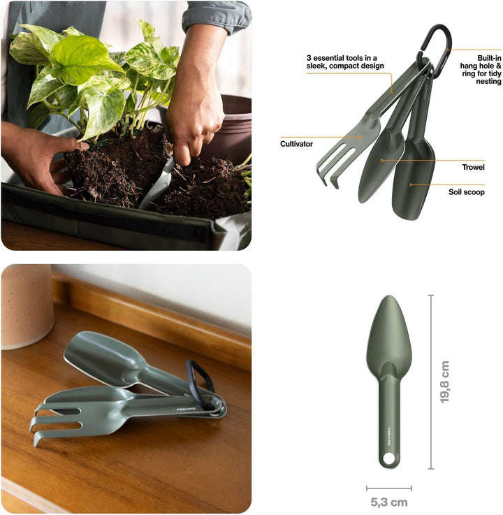 Fiskars Urban Plant Care Pflanzwerkzeuge Set, 3-TLG, Basic-Kit für die Pflanzenpflege, Platzsparende
