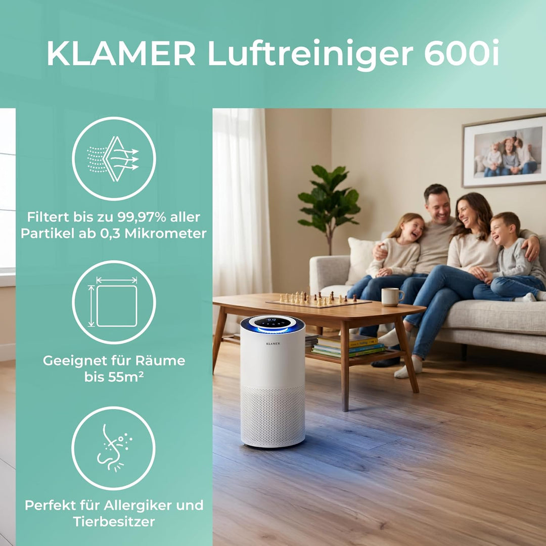 KLAMER Luftreiniger 600i mit HEPA Filter, CADR Spitzenleistung von 450 m³/h, für Räume bis 55m², ent