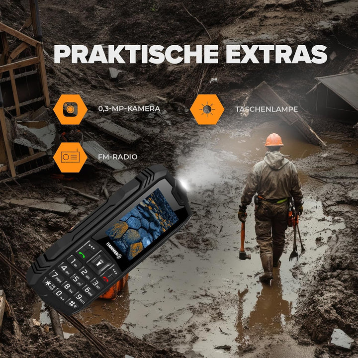Hammer H Basalt Outdoor Handy ohne Vertrag, 2.4 Zoll Farbdisplay, Robust, Mega Batterie 1800 mAh, Wa