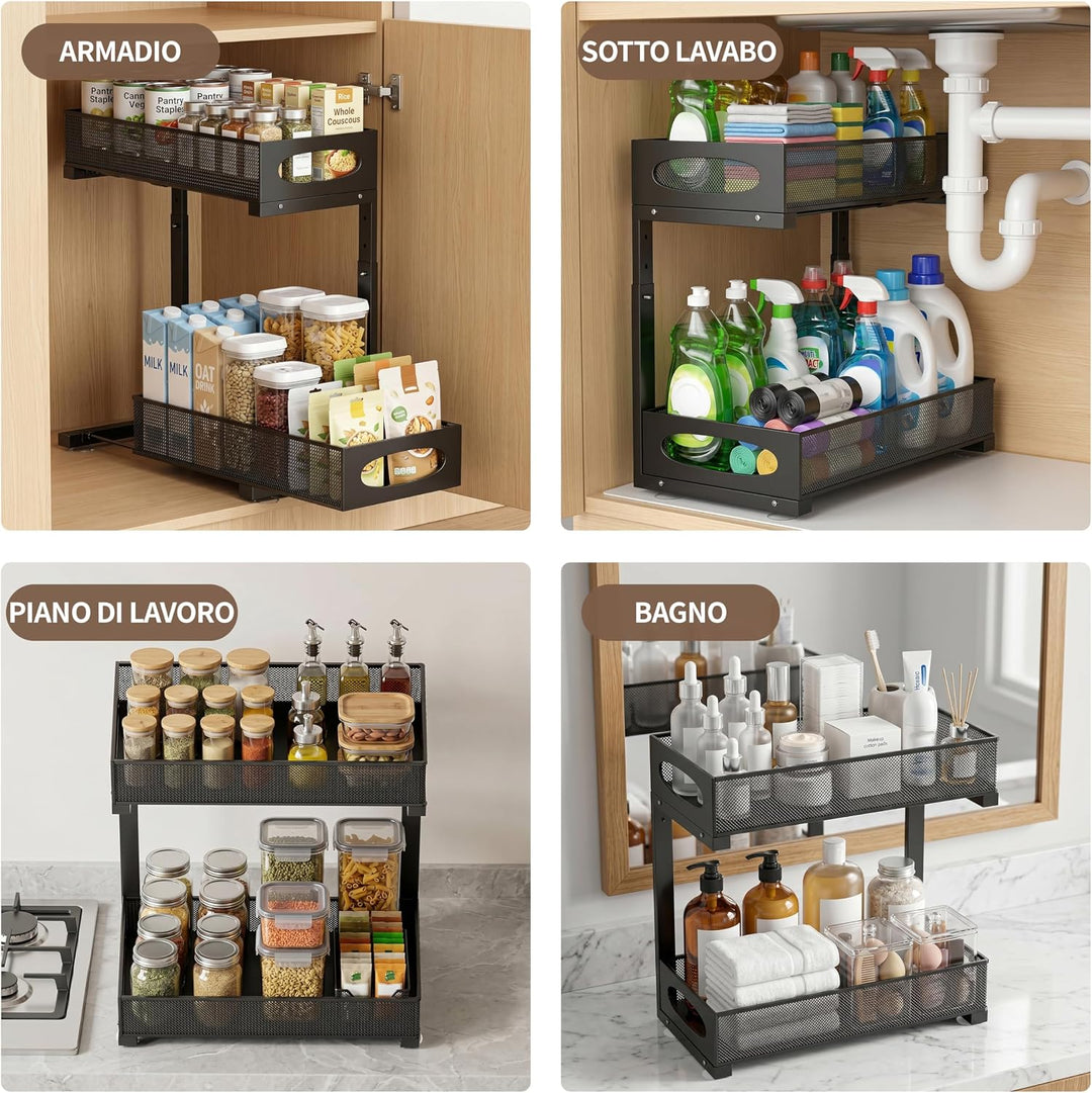 Organizer für Küchenunterschrank, ausziehbares Regal mit 2 Ebenen, Schiebe-Organizer, Unterschrank,