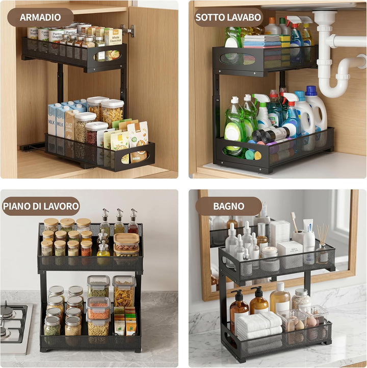 Organizer für Küchenunterschrank, ausziehbares Regal mit 2 Ebenen, Schiebe-Organizer, Unterschrank,