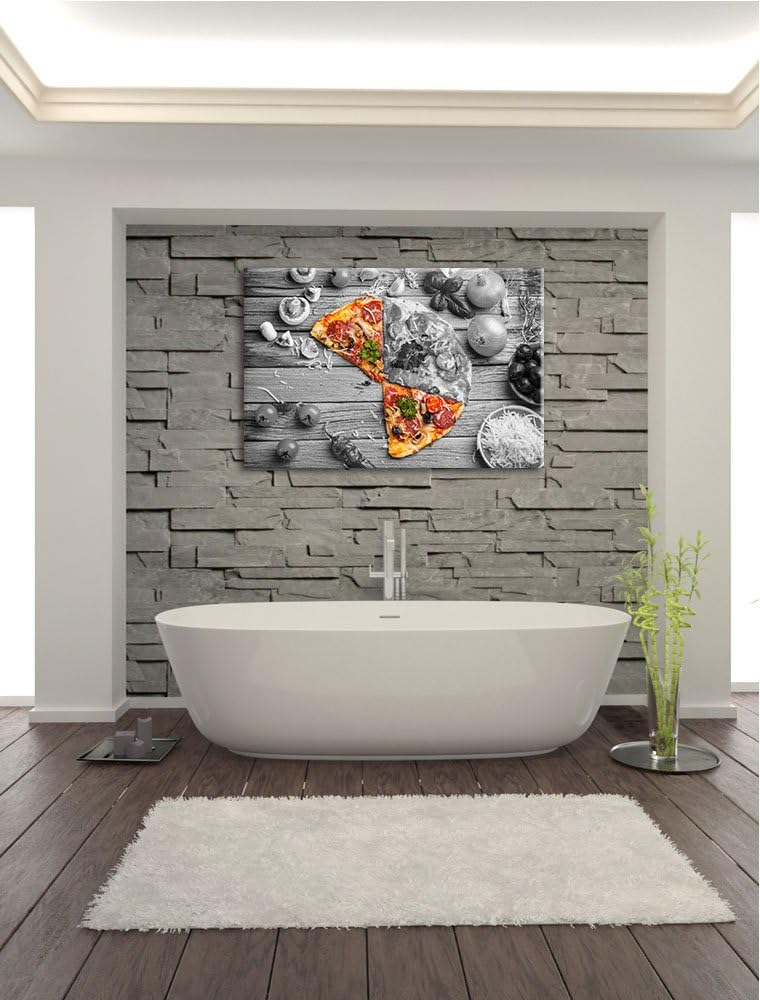 köstliche Pizza auf Holztisch schwarz/weiss Format: 100x70 auf Leinwand, XXL riesige Bilder fertig g