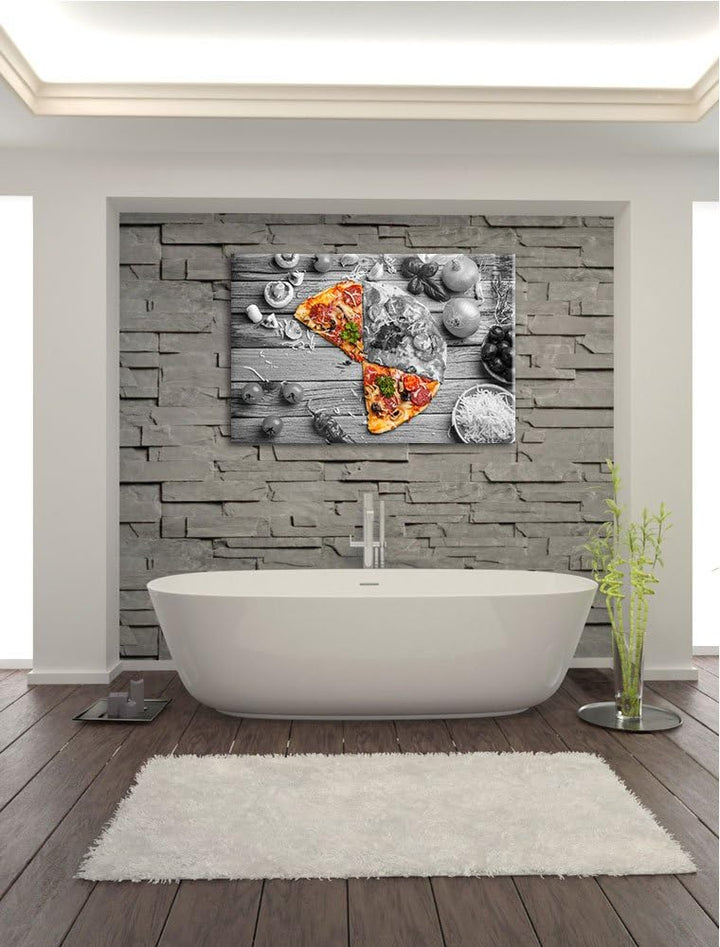köstliche Pizza auf Holztisch schwarz/weiss Format: 100x70 auf Leinwand, XXL riesige Bilder fertig g