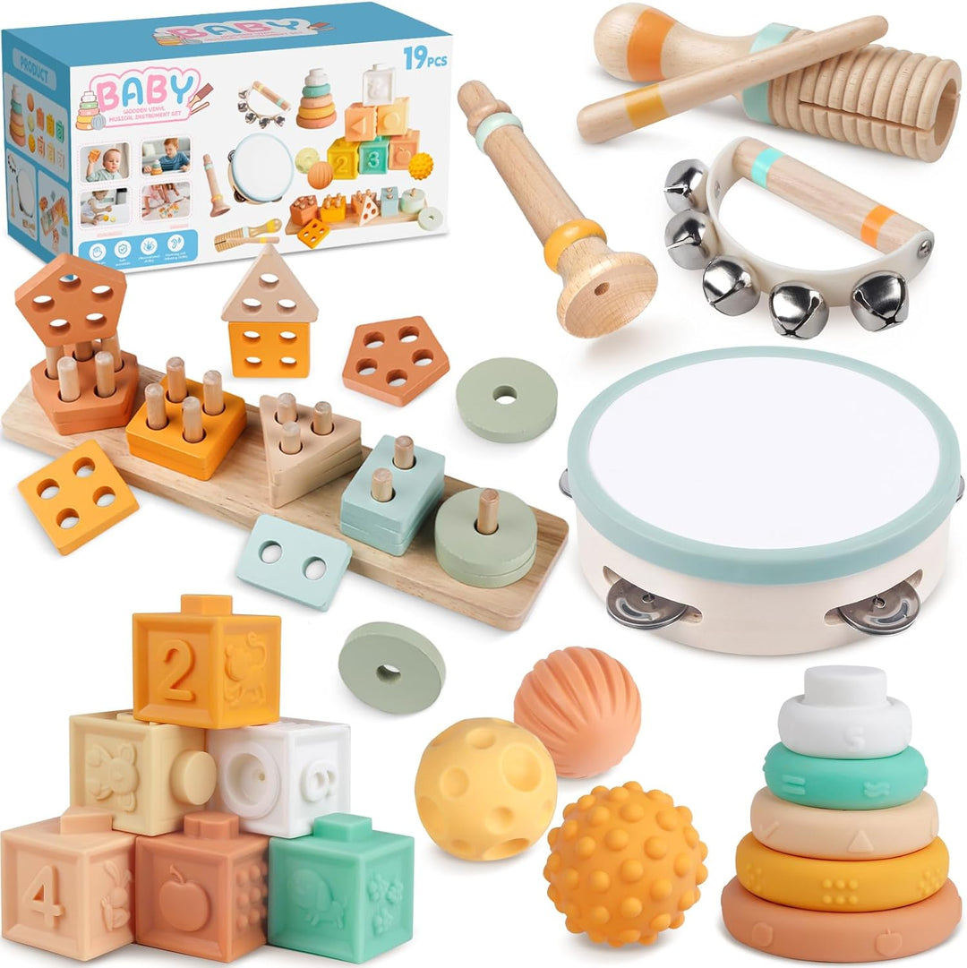 Rmischolar Montessori-Spielzeug für Babys, Musikspielzeug aus Holz, Sensorisches Beissspielzeug für