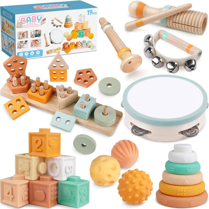 Rmischolar Montessori-Spielzeug für Babys, Musikspielzeug aus Holz, Sensorisches Beissspielzeug für