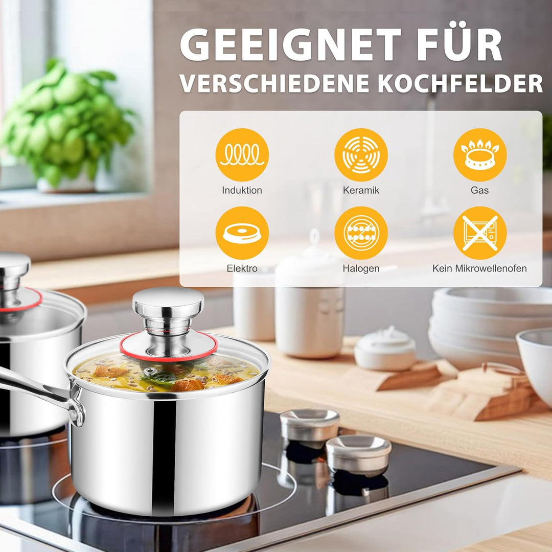 Joyfair Stielkasserolle, 14cm Premium 3-Lagiger Edelstahl Milchtopf Induktion mit Deckel, 1,2 Liter