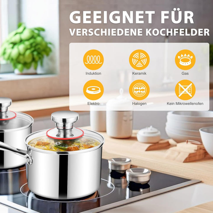 Joyfair Stielkasserolle, 14cm Premium 3-Lagiger Edelstahl Milchtopf Induktion mit Deckel, 1,2 Liter