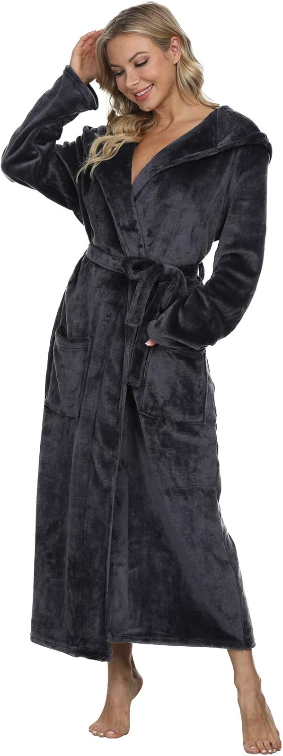 Mnemo Bademantel Damen Lang mit Kapuze Bademantel Damen Frottee Bademantel Damen Flauschig Grau M, G