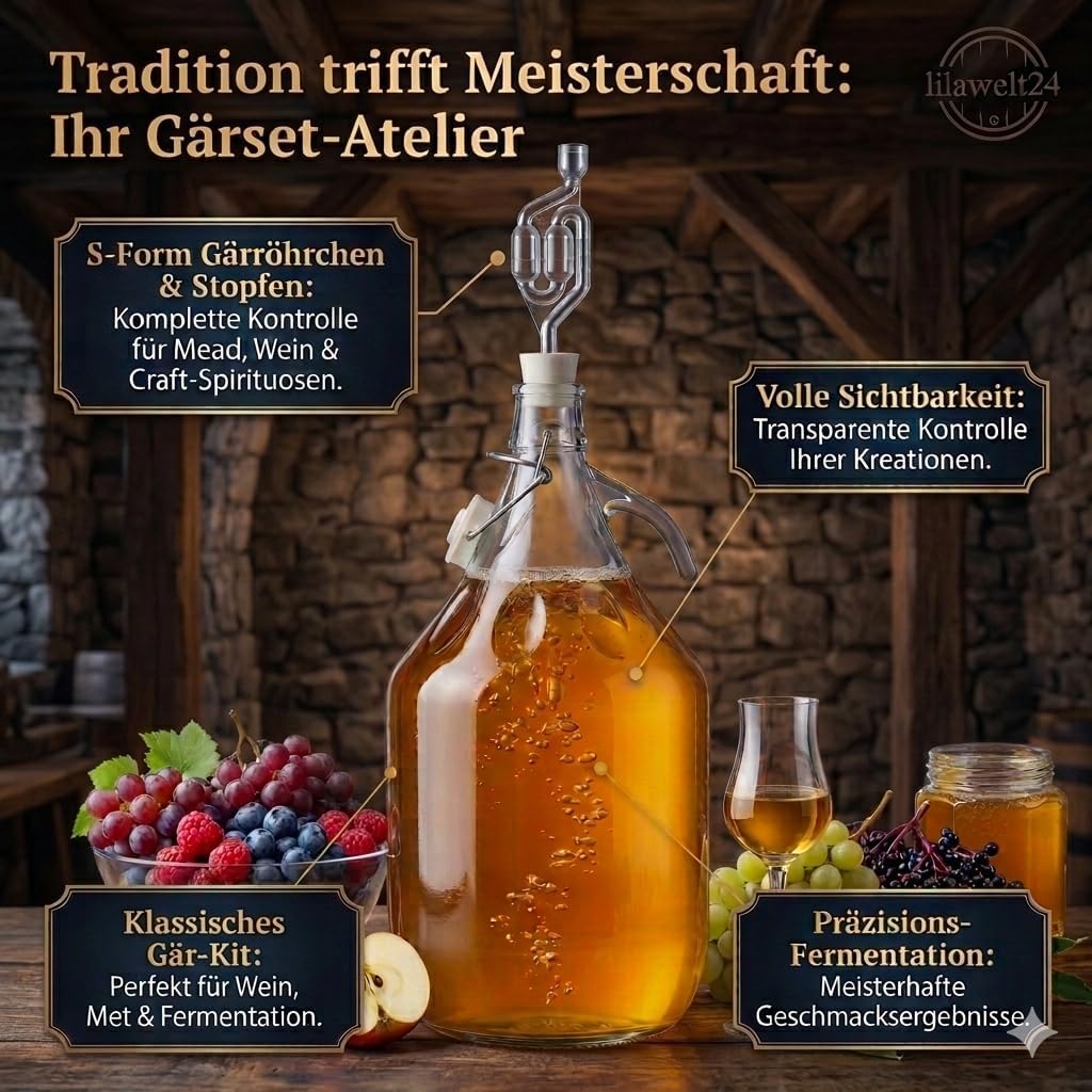 lilawelt24 4X 5L Glasballon Gärbehälter Set mit Bügelverschluss, Henkel, Gärrohr & Stopfen, für Wein