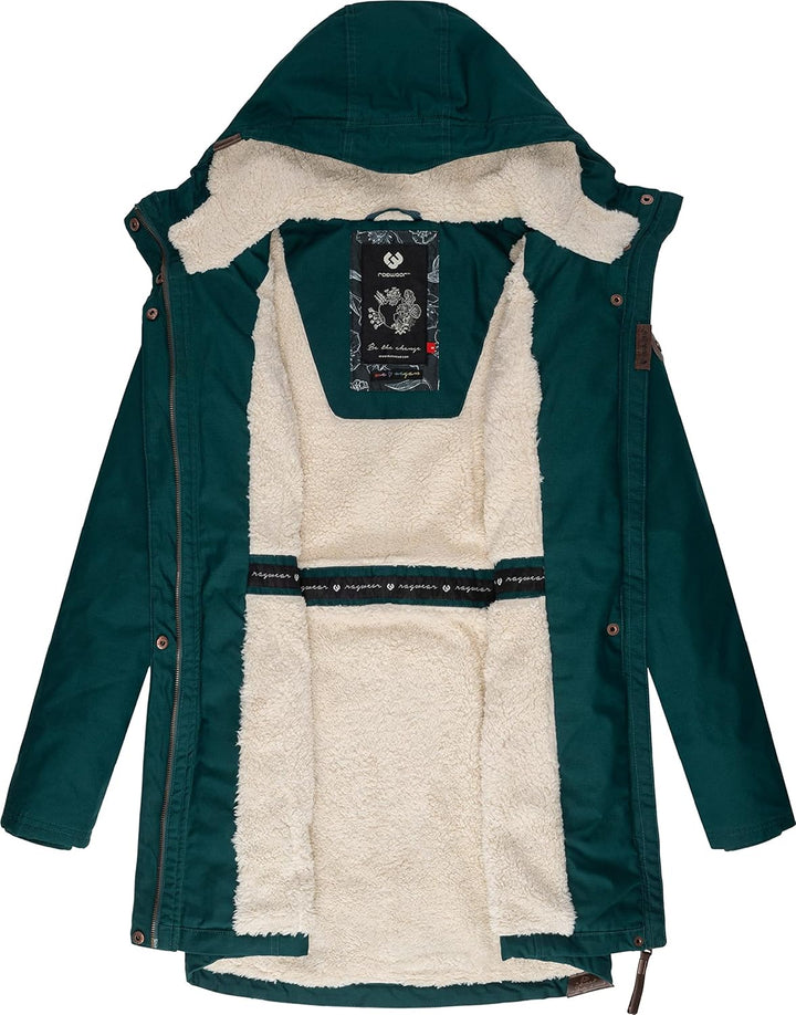 Ragwear Damen Mantel Lange warme Winterjacke mit Teddyfell-Kapuze Elsie Intl XS-5XL XL Dark Green22,