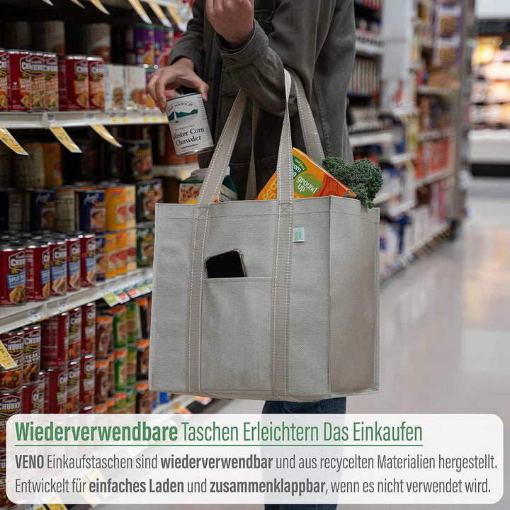 VENO 4-er Pack wiederverwendbare Einkaufstaschen mit festem Boden, Fronttasche, Mehrzweck-Einkaufsta