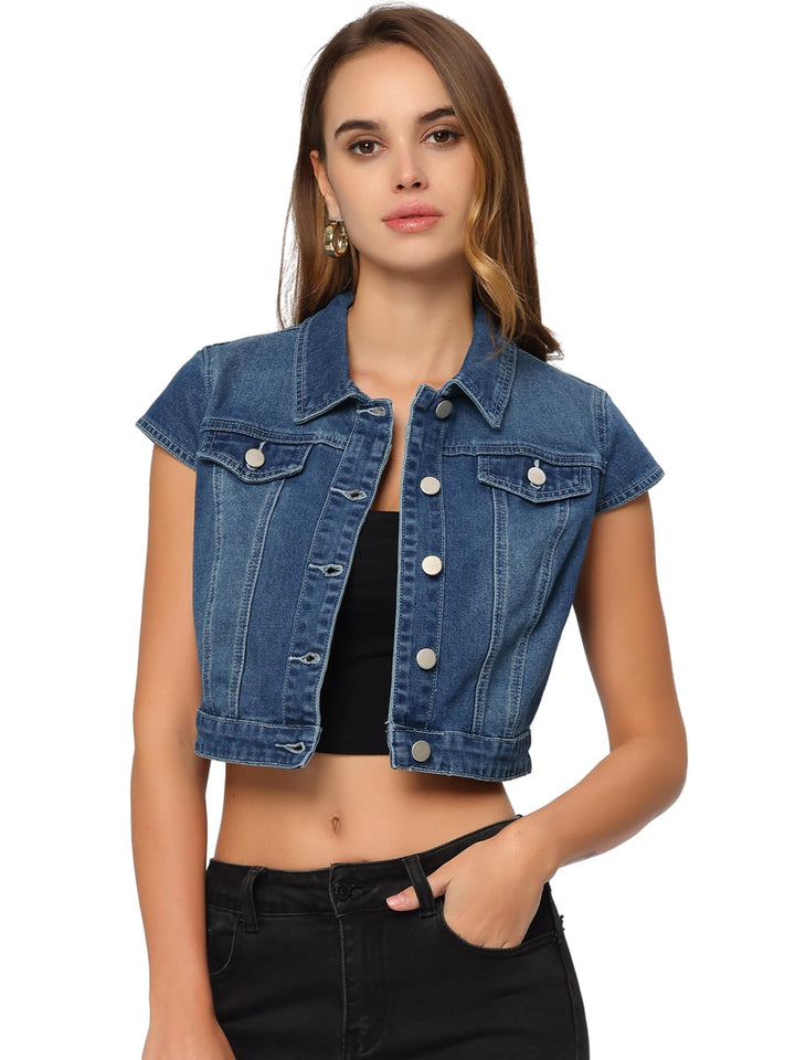 Allegra K Damen Jacke Kurzarm Sommer Knöpfen Stretch Denim Crop Jeansjacke M Blau, M Blau