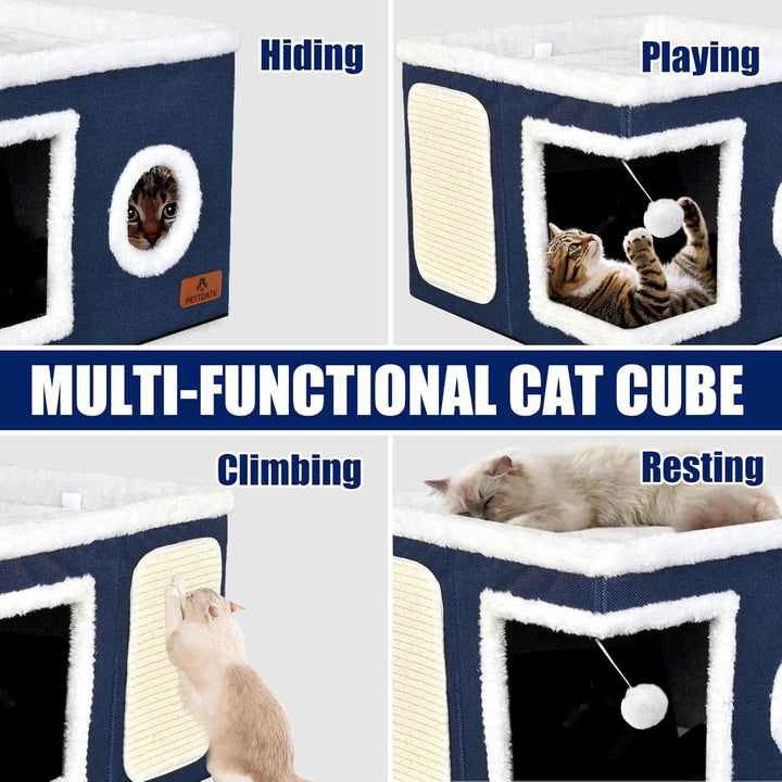 Katzenbetten für Indoor-Katzen, überdachtes Katzenhöhlenbett mit Kratzunterlage und flauschigem Ball