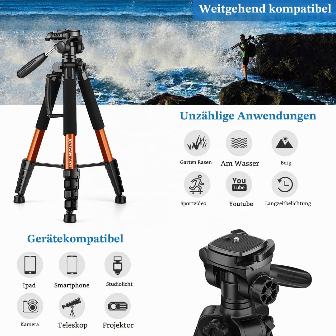 JOILCAN Kamera Stativ, 187cm Aluminium Leichte Dreibeinstativ für Canon Nikon DSLR mit Abnehmbar 3-W