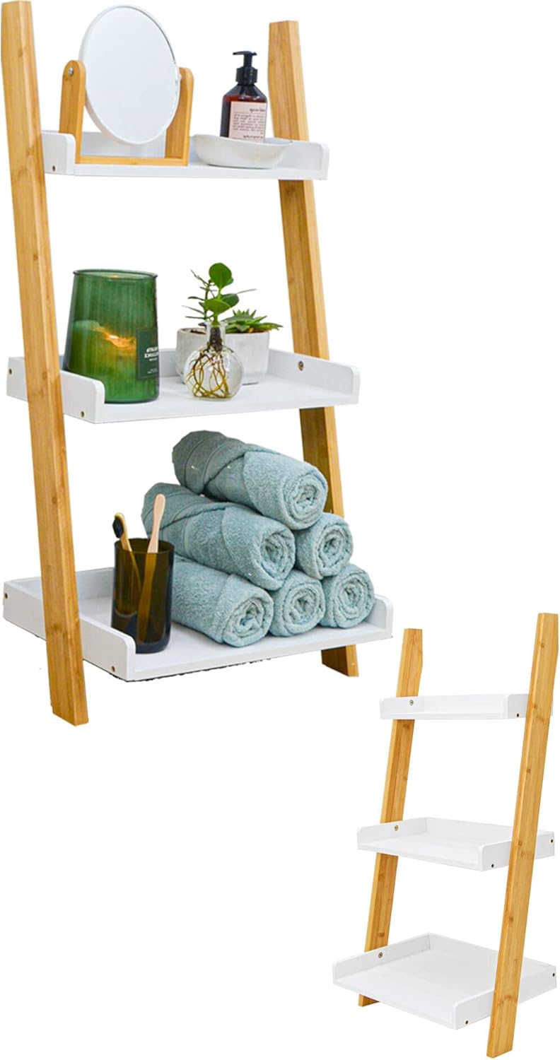 DuneDesign 3 Fächer Bambus Leiterregal - 45x90 Holz Leiter - Badezimmer Regal Deko Treppe Bad Ablage