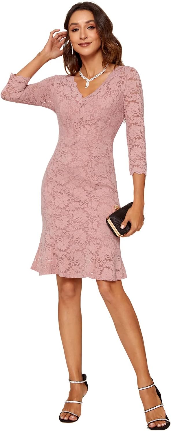 Atnlewhi Damen 3/4 Ärmel Kleid V-Ausschnitt Formeller Abend Bodycon Knielang Vintage Spitzenkleid El