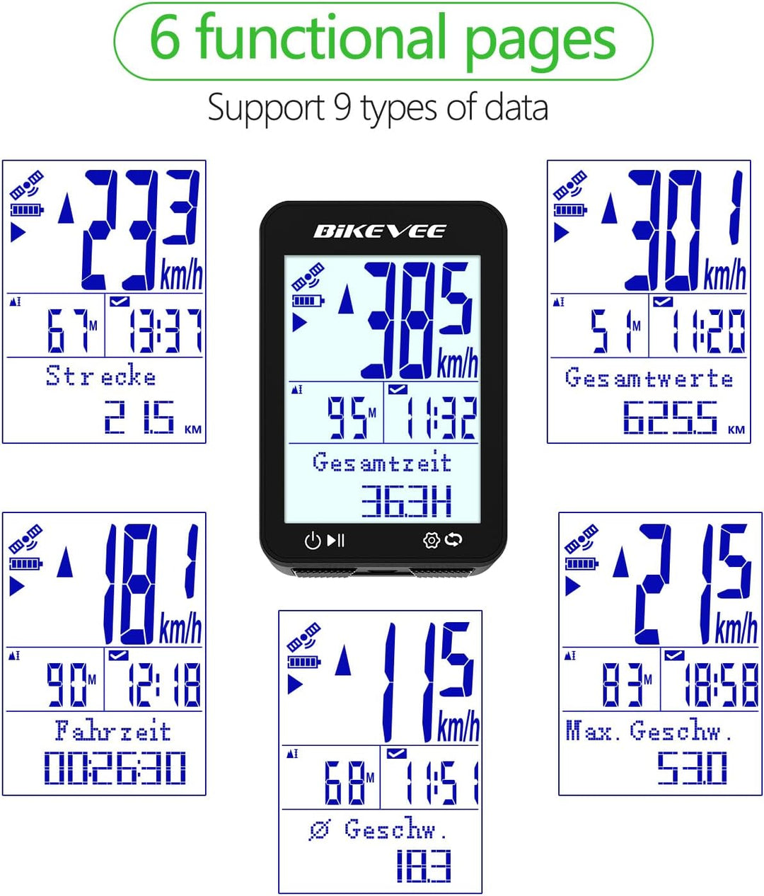 GPS Fahrradcomputer Kabellos IPX7 Wasserdicht 2.4'' FSTN Display 28H Akku Schwarz-B【Verlängerte Fron