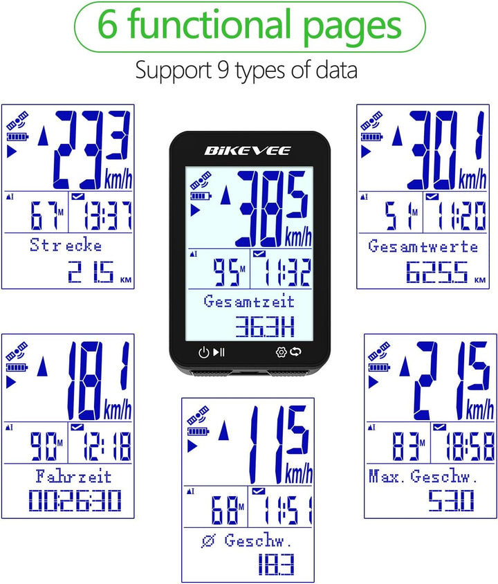 GPS Fahrradcomputer Kabellos IPX7 Wasserdicht 2.4'' FSTN Display 28H Akku Schwarz-B【Verlängerte Fron