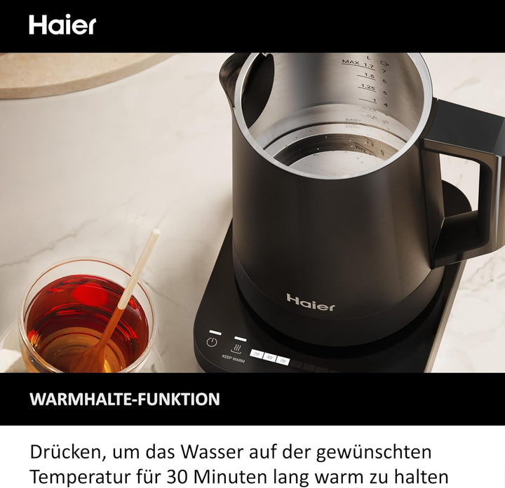 Haier Wasserkocher mit Temperatureinstellung aus Edelstahl 1,7 Liter I Energiesparender Kettle mit 7