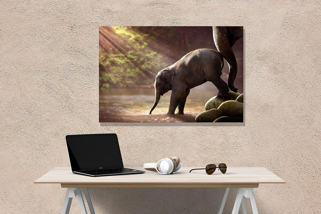 Artley Prints Baby Elefant und Mutter im Wald Leinwanddruck Tier-Wandkunst Bilder Home Office Decor