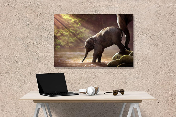 Artley Prints Baby Elefant und Mutter im Wald Leinwanddruck Tier-Wandkunst Bilder Home Office Decor