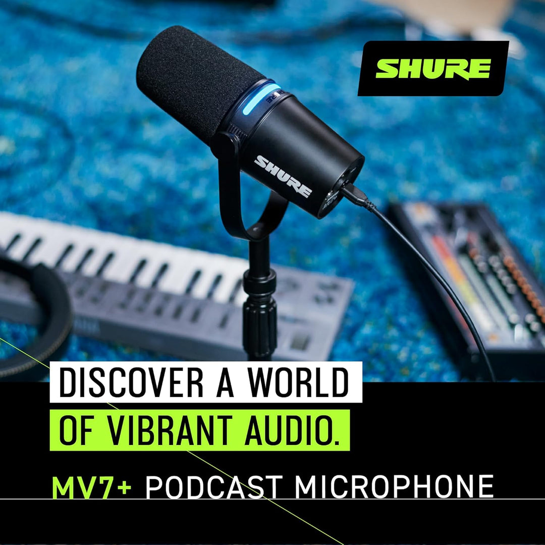 Shure MV7+ Podcast Mikrofon mit Mikrofonständer-Verbessertes Audio, LED-Touchpanel, USB-C- und XLR-A
