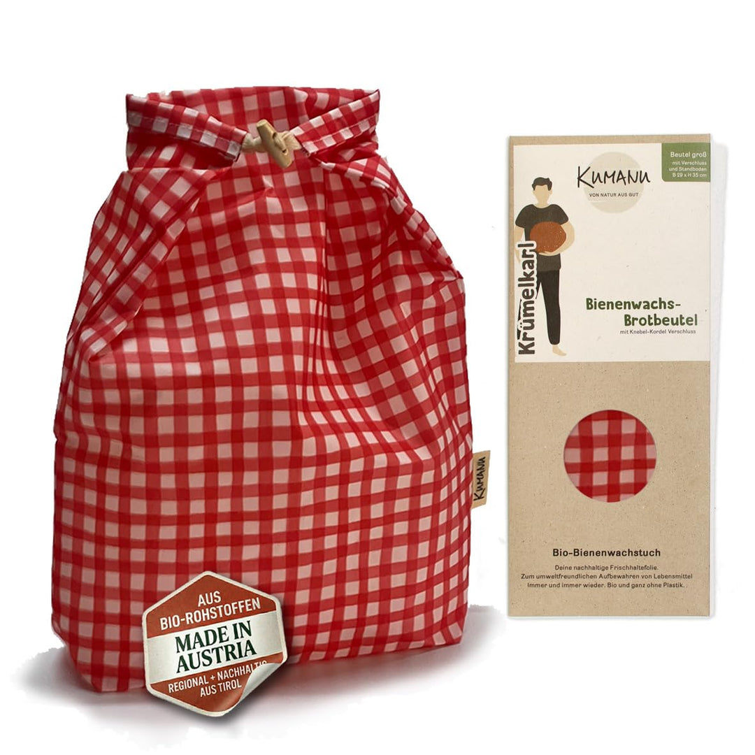 Kumanu | Bio-Bienenwachstuch - Brotbeutel KRÜMELKARL | H 35cm x B 29cm | mit Standboden und Verschlu