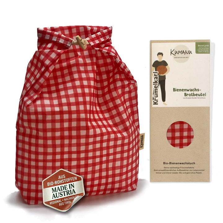 Kumanu | Bio-Bienenwachstuch - Brotbeutel KRÜMELKARL | H 35cm x B 29cm | mit Standboden und Verschlu
