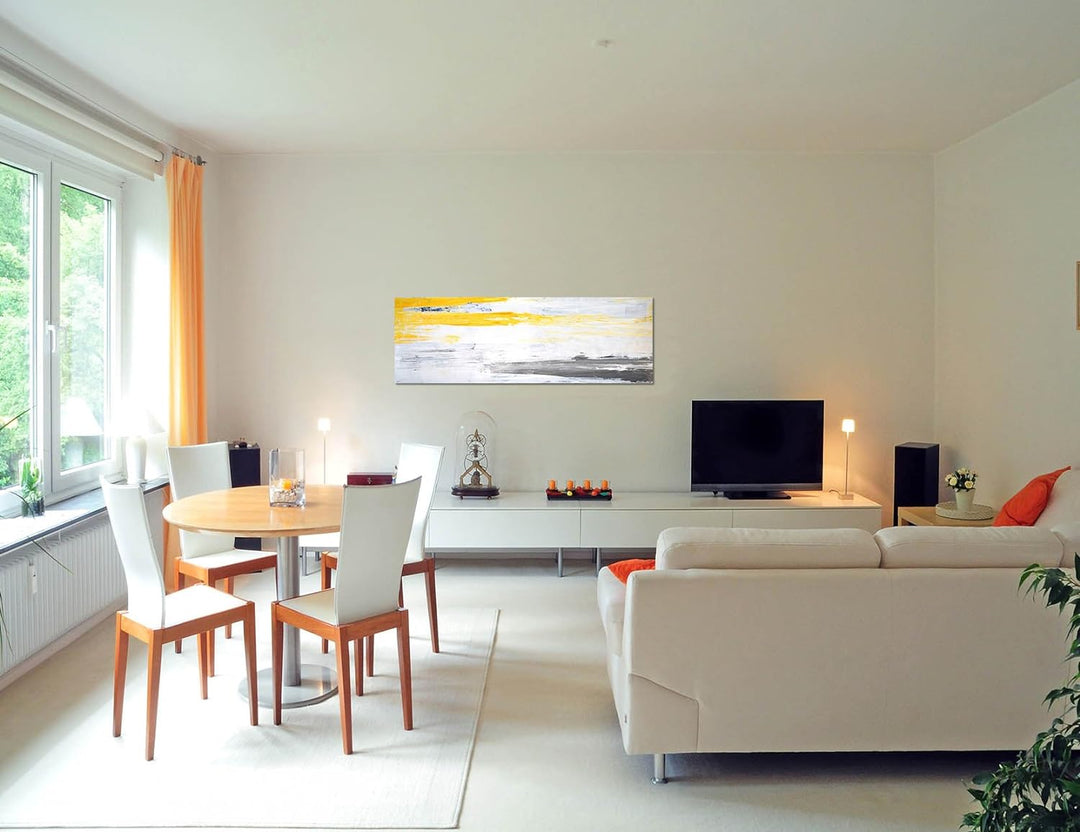 Paul Sinus Art Panoramabild auf Leinwand und Keilrahmen 150x50cm Kunstmalerei abstrakt gelb grau