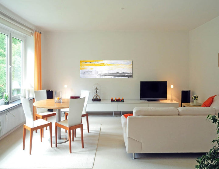 Paul Sinus Art Panoramabild auf Leinwand und Keilrahmen 150x50cm Kunstmalerei abstrakt gelb grau