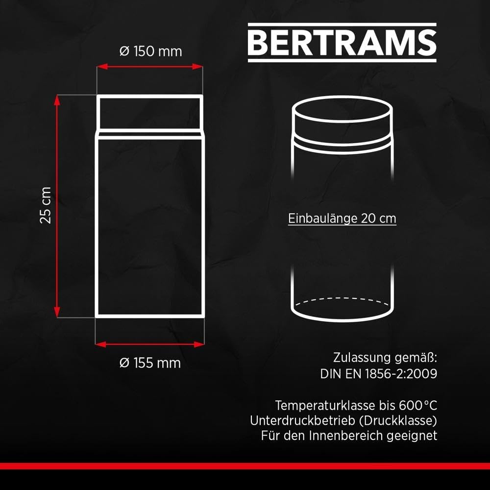 BERTRAMS Ofenrohr 150mm Ø 25 cm Gussgrau | Stahlrohr mit 20cm Einbaulänge | Feuerrohr Stahlblech 2mm