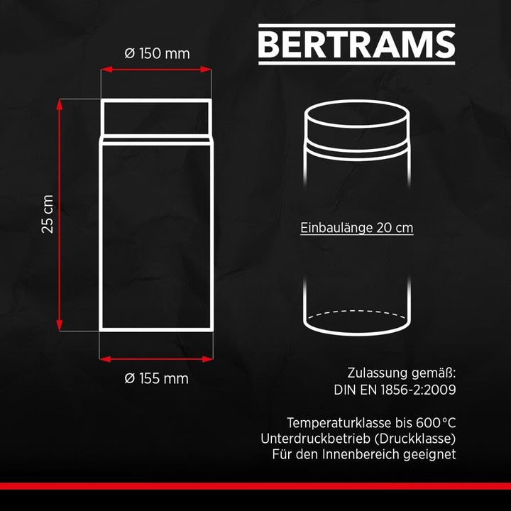 BERTRAMS Ofenrohr 150mm Ø 25 cm Gussgrau | Stahlrohr mit 20cm Einbaulänge | Feuerrohr Stahlblech 2mm