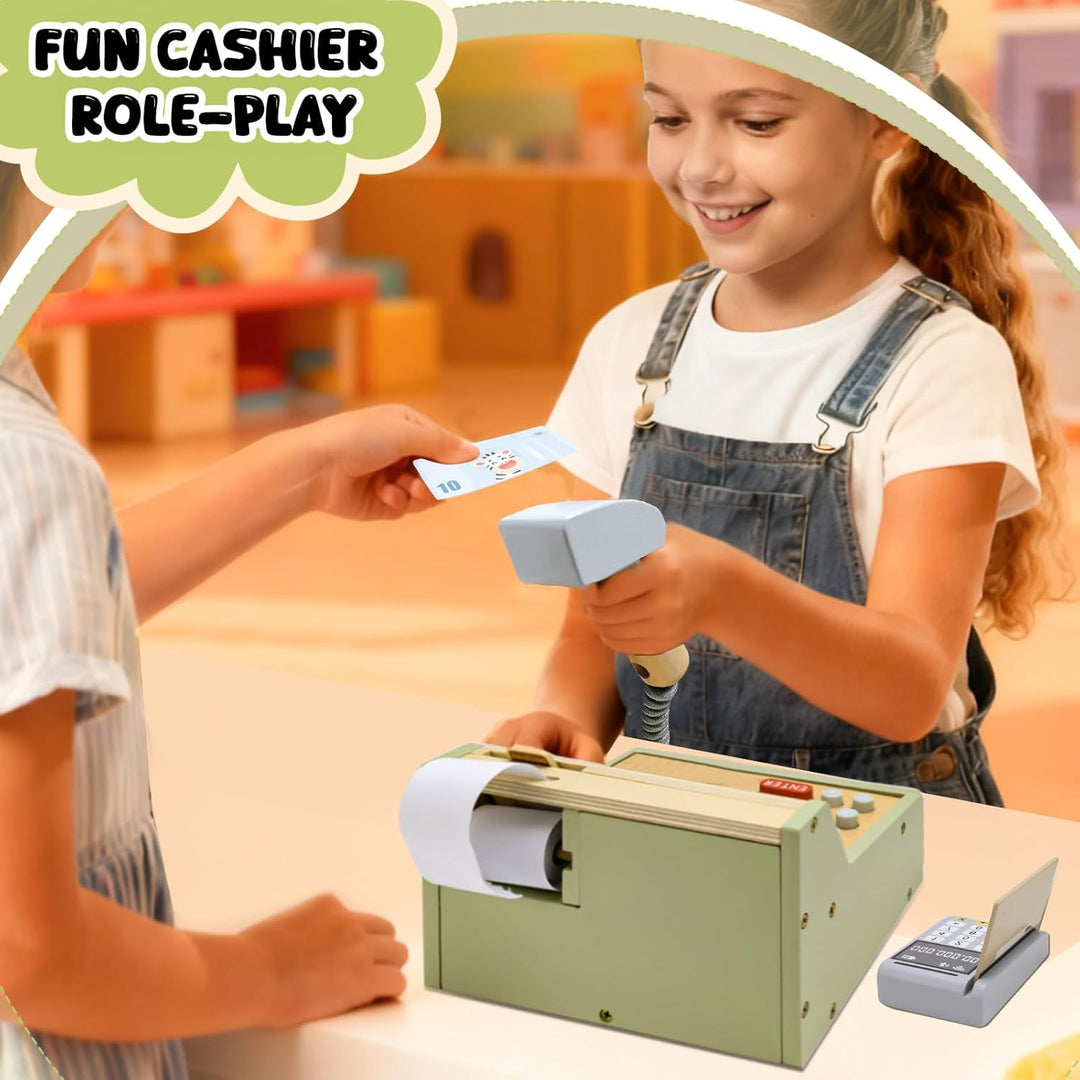 Holz Kaufladen Kasse mit Scanner, Zahlungsterminal, Spielgeld, Rollenspiel Zubehör für Kinder ab 3 J